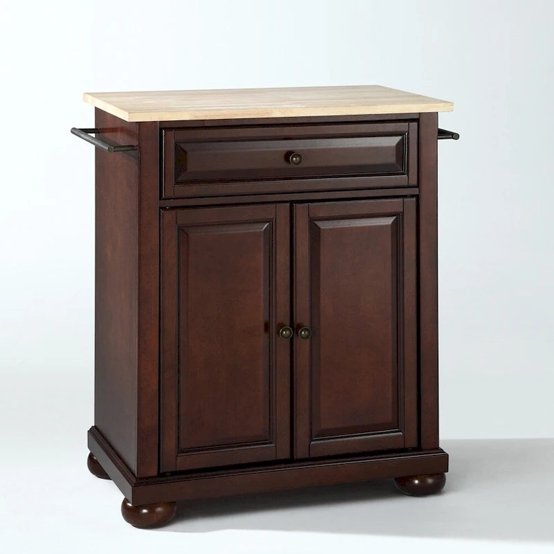 Îlot de cuisine portable avec plateau en bois naturel, finition acajou vintage