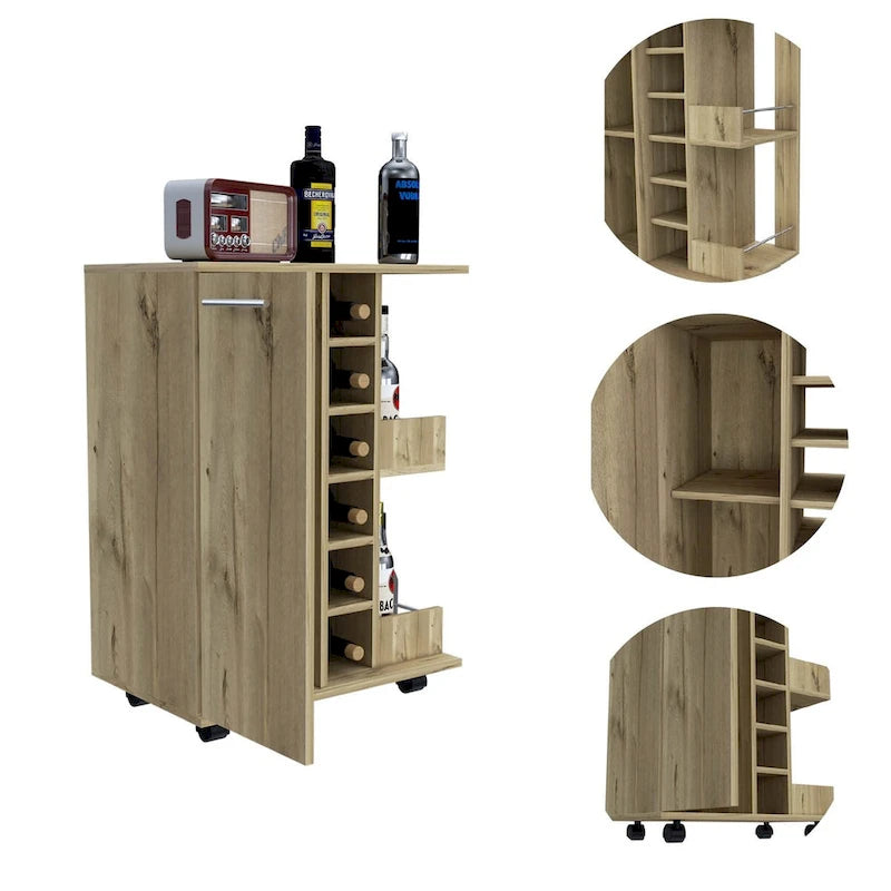 Chariot de Bar à 2 Niveaux pour 6 Bouteilles avec Casier à Vin et Armoire pour Cuisine et Salon
