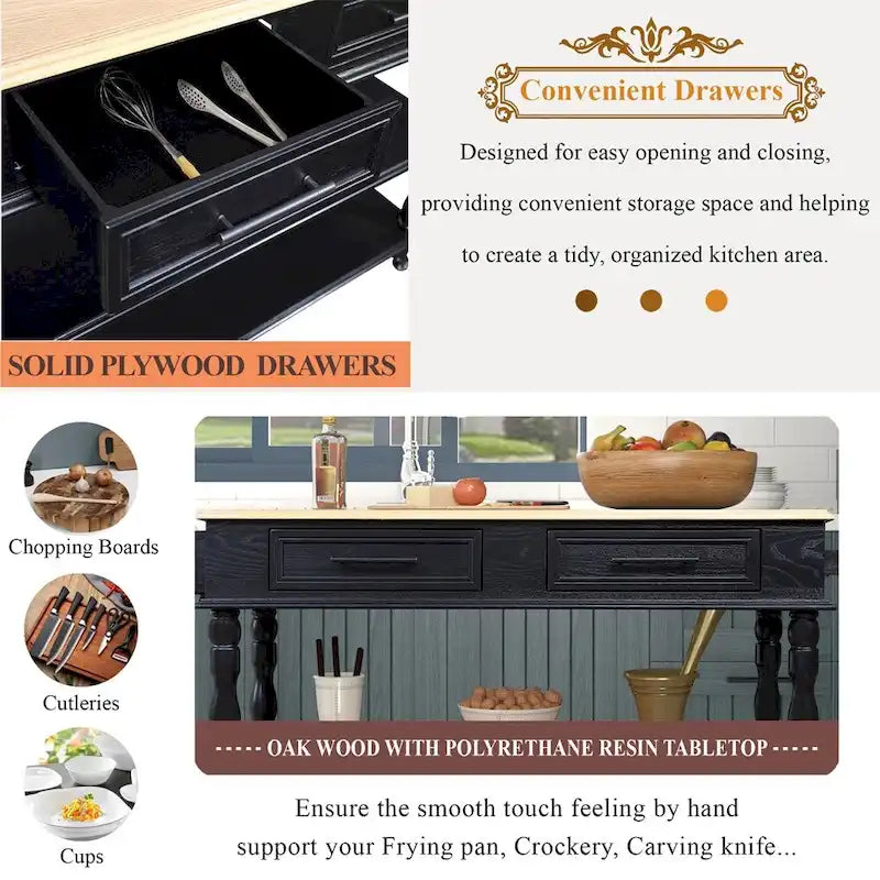 Chariot de cuisine roulant en bois de chêne avec 2 tiroirs et étagères ouvertes