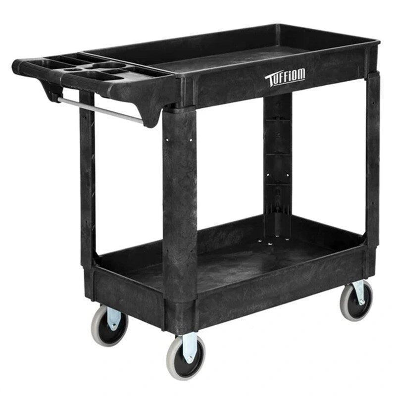 Chariot de service en plastique noir à 2 niveaux et à grande capacité de 250 kg avec roues