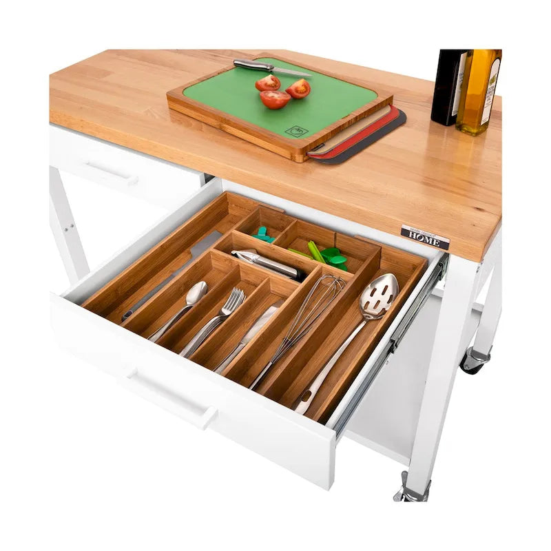 Meuble îlot de cuisine avec plan de travail en bois massif blanc