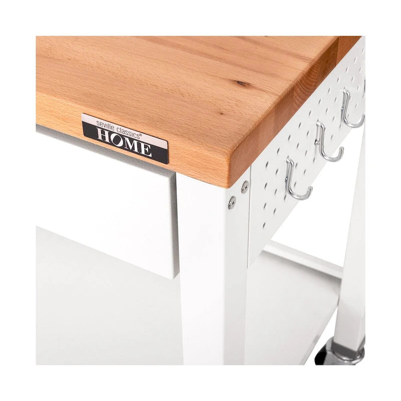 Meuble îlot de cuisine avec plan de travail en bois massif blanc