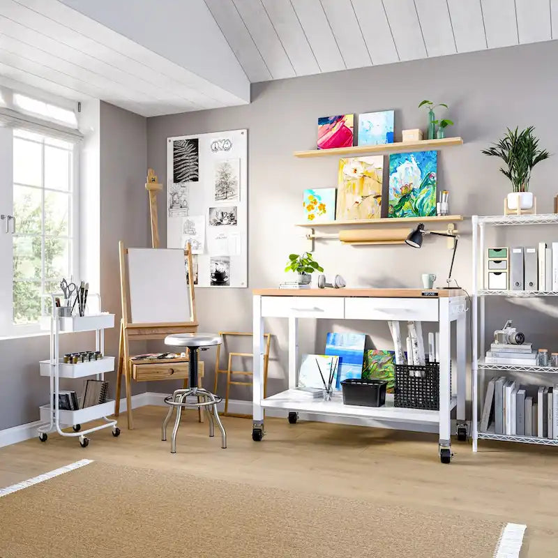 Meuble îlot de cuisine avec plan de travail en bois massif blanc