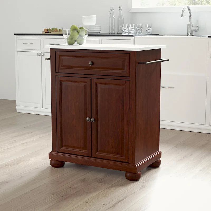 Îlot de cuisine portable avec dessus en granit, fini acajou, style transitionnel