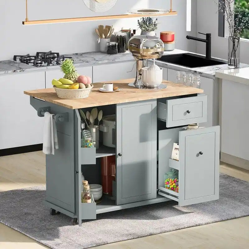 Îlot de cuisine avec chariot de cuisine roulant à abattant et étagère de rangement interne