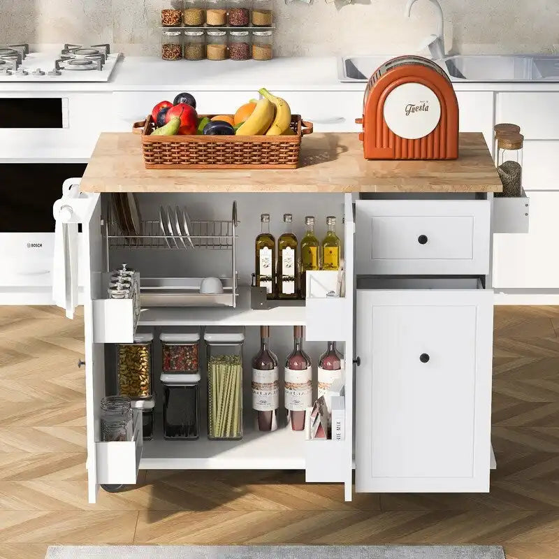 Îlot de cuisine avec chariot de cuisine roulant à abattant et étagère de rangement interne