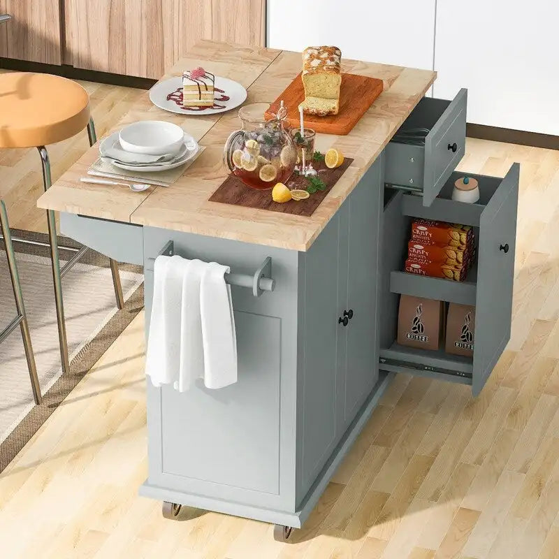 Îlot de cuisine avec chariot de cuisine roulant à abattant et étagère de rangement interne