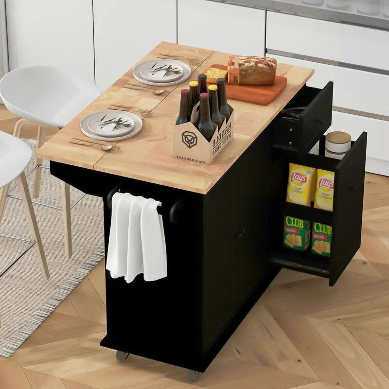 Îlot de cuisine avec chariot de cuisine roulant à abattant et étagère de rangement interne