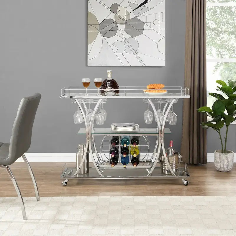 Dessert de bar contemporain chromé avec porte-bouteilles, argent, verre moderne, cadre métallique, rangement pour vin