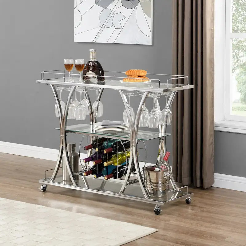 Dessert de bar contemporain chromé avec porte-bouteilles, argent, verre moderne, cadre métallique, rangement pour vin