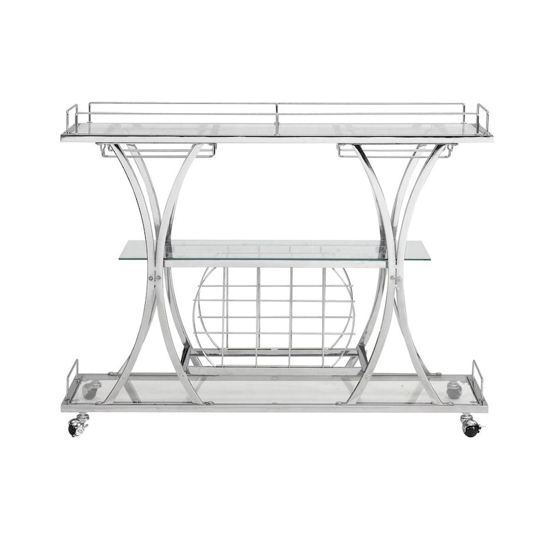 Dessert de bar contemporain chromé avec porte-bouteilles, argent, verre moderne, cadre métallique, rangement pour vin