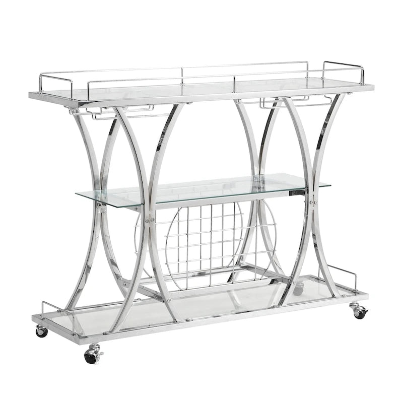 Dessert de bar contemporain chromé avec porte-bouteilles, argent, verre moderne, cadre métallique, rangement pour vin