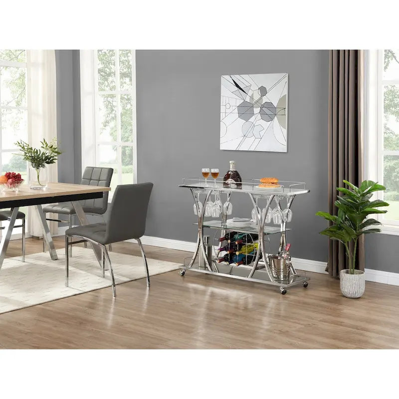 Dessert de bar contemporain chromé avec porte-bouteilles, argent, verre moderne, cadre métallique, rangement pour vin