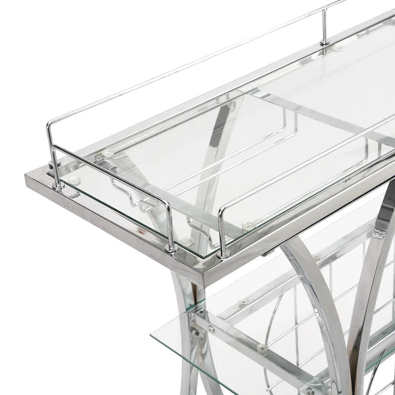 Dessert de bar contemporain chromé avec porte-bouteilles, argent, verre moderne, cadre métallique, rangement pour vin