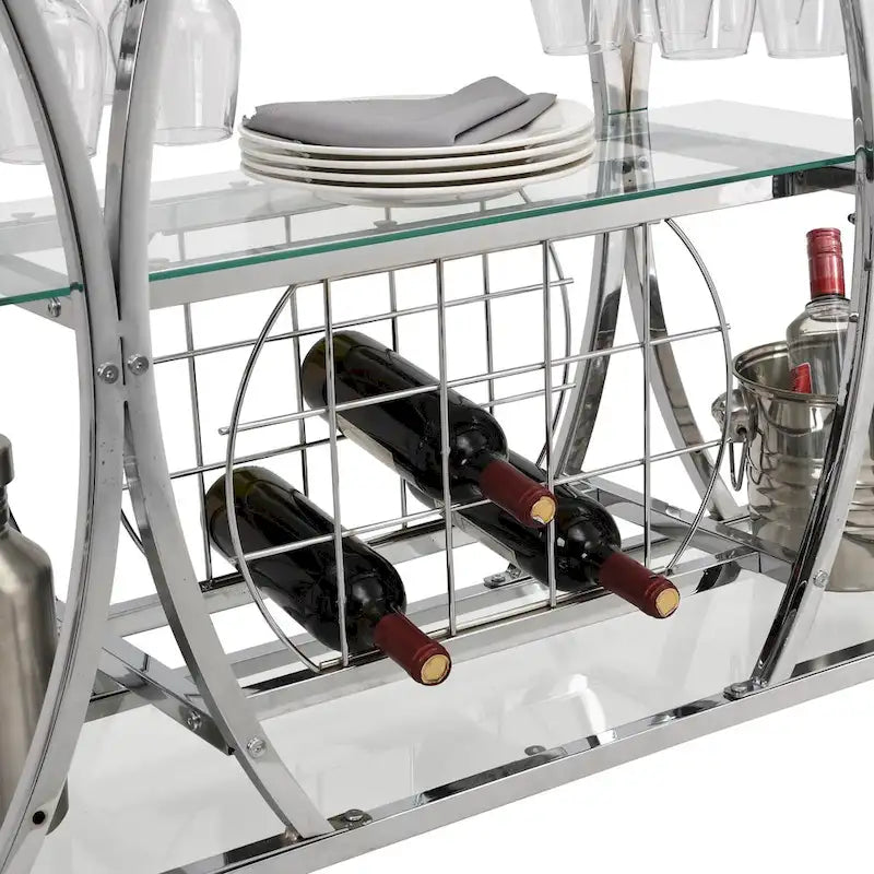 Dessert de bar contemporain chromé avec porte-bouteilles, argent, verre moderne, cadre métallique, rangement pour vin
