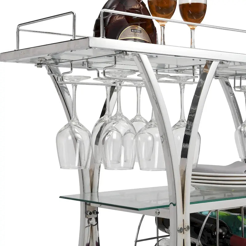 Dessert de bar contemporain chromé avec porte-bouteilles, argent, verre moderne, cadre métallique, rangement pour vin