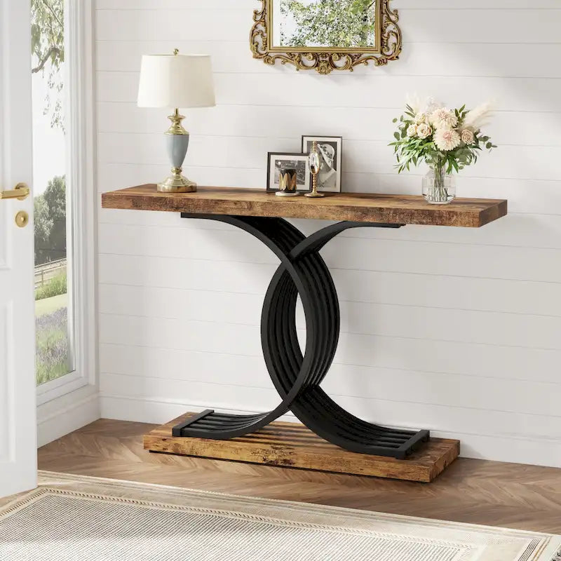 Black/ Gold Modern Sofa Table with Faux Marble Tabletop, 39 Inches Wood Foyer Table with Geometric Metal Legs for Entryway