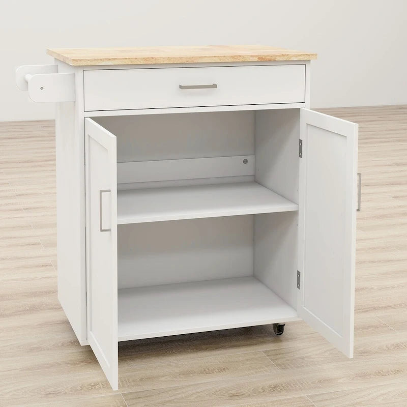 Îlot de cuisine roulant avec plateau en bois d'hévéa, étagères à tiroirs, porte-serviettes, blanc
