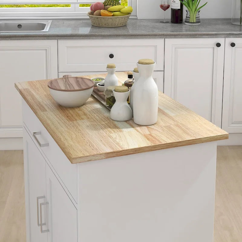 Îlot de cuisine roulant avec plateau en bois d'hévéa, étagères à tiroirs, porte-serviettes, blanc