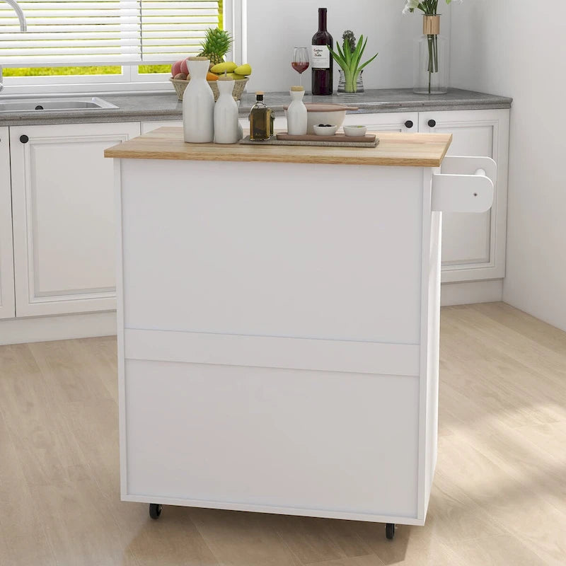 Îlot de cuisine roulant avec plateau en bois d'hévéa, étagères à tiroirs, porte-serviettes, blanc