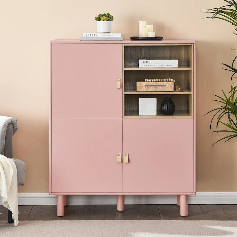 Multifunctional Storage cabinet with door, modern sideboard cabinet, wooden storage cabinet, leather handle drawer cabinet