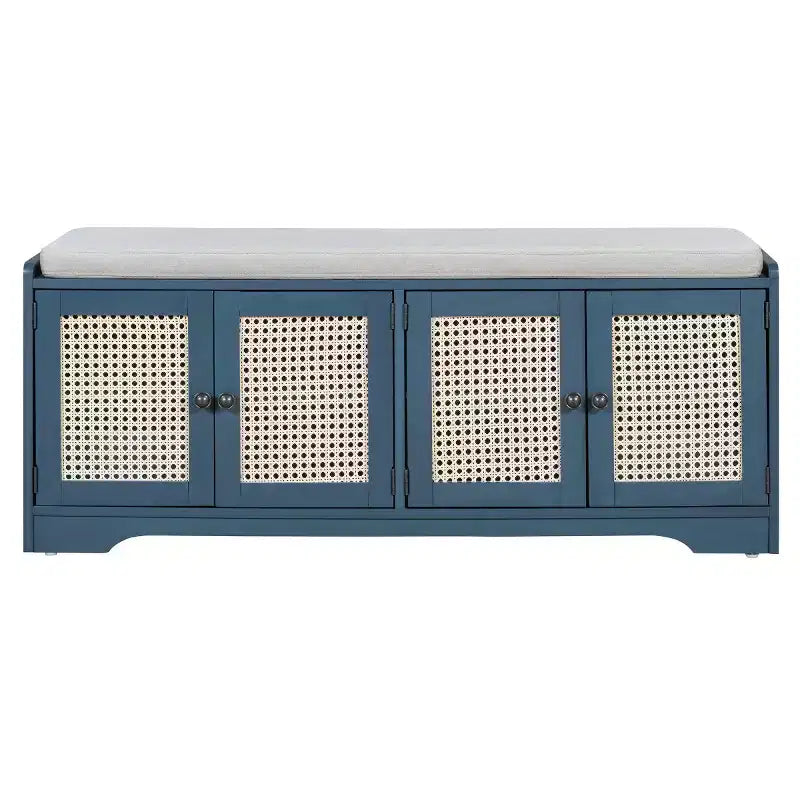 47 Rustic Rattan Entryway Bench with Storage, Shoe Bench Entryway with Removable Cushion for Hallway or Living Room-Panipeachy
