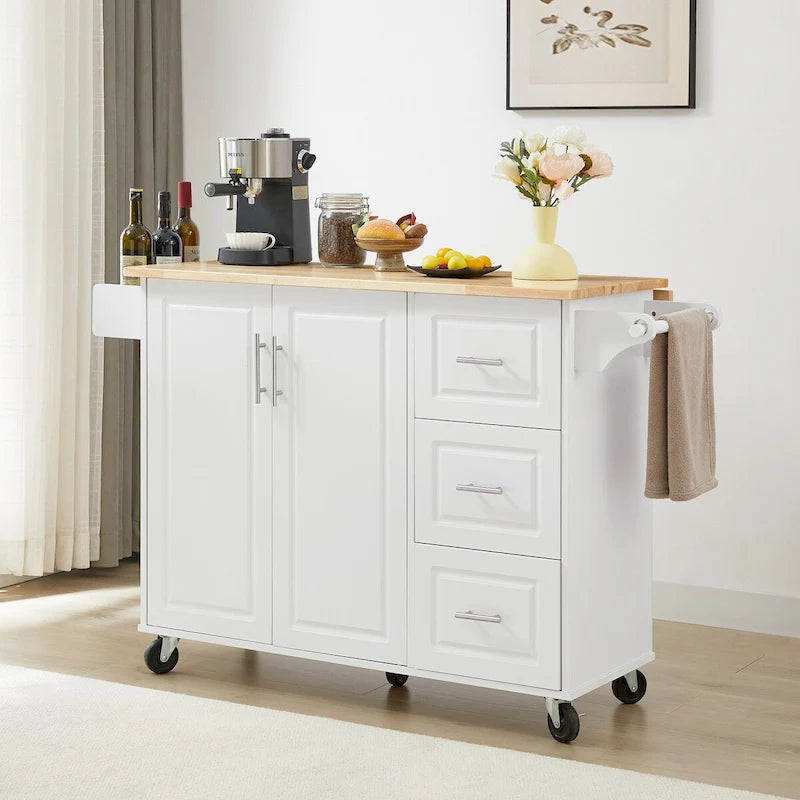 Dessertes de cuisine roulantes avec plan de travail à abattant et armoire de rangement