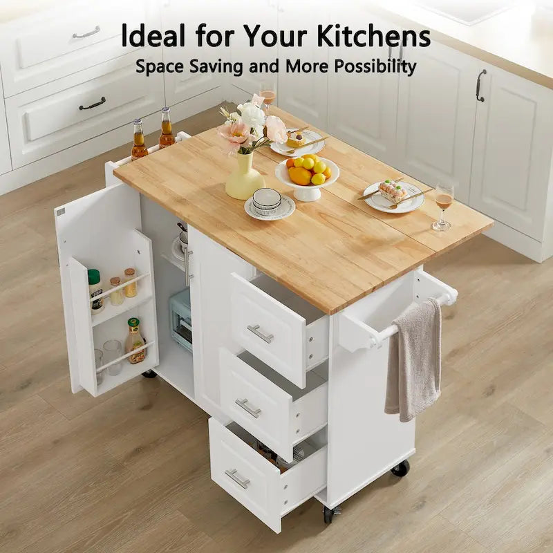 Dessertes de cuisine roulantes avec plan de travail à abattant et armoire de rangement