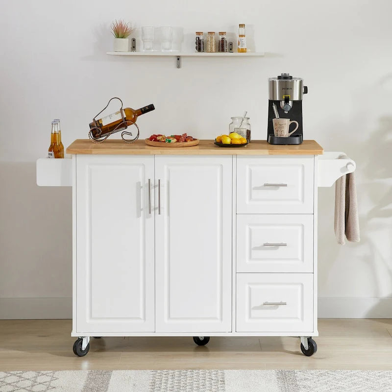 Dessertes de cuisine roulantes avec plan de travail à abattant et armoire de rangement