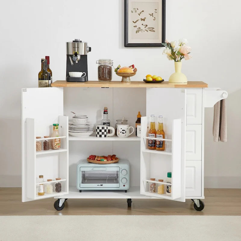 Desserte de cuisine avec plan de travail rabattable, placard de rangement et roulettes