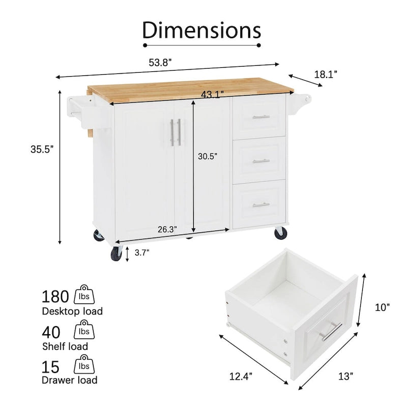 Desserte de cuisine avec plan de travail rabattable, placard de rangement et roulettes