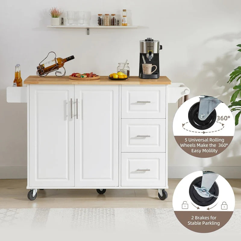 Desserte de cuisine avec plan de travail rabattable, placard de rangement et roulettes