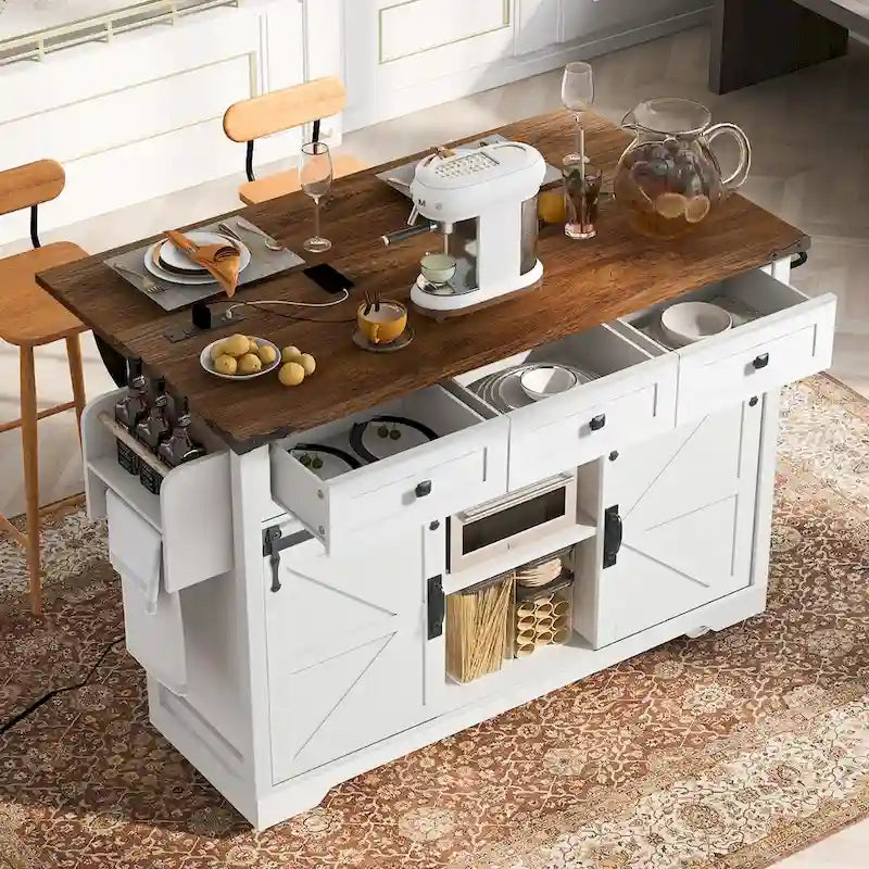 Îlot de cuisine roulant de style ferme avec portes coulissantes de grange et abattant