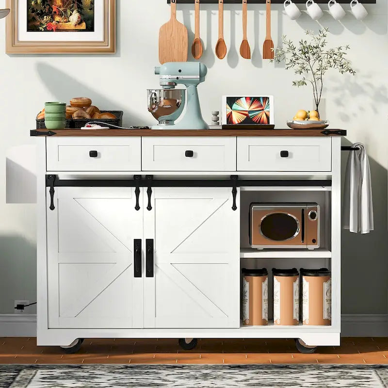 Îlot de cuisine roulant de style ferme avec portes coulissantes de grange et abattant