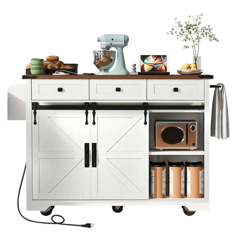 Îlot de cuisine roulant de style ferme avec portes coulissantes de grange et abattant