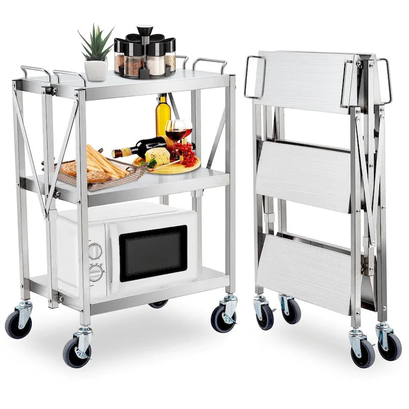 Chariot de service utilitaire pliable à 3 niveaux avec roues et roulettes verrouillables