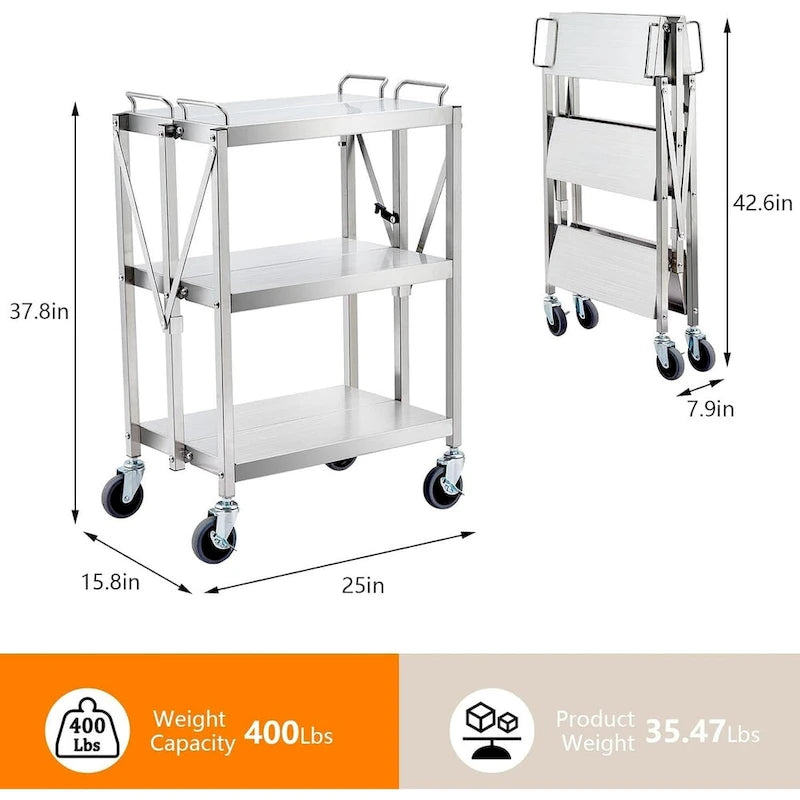 Chariot de service utilitaire pliable à 3 niveaux avec roues et roulettes verrouillables