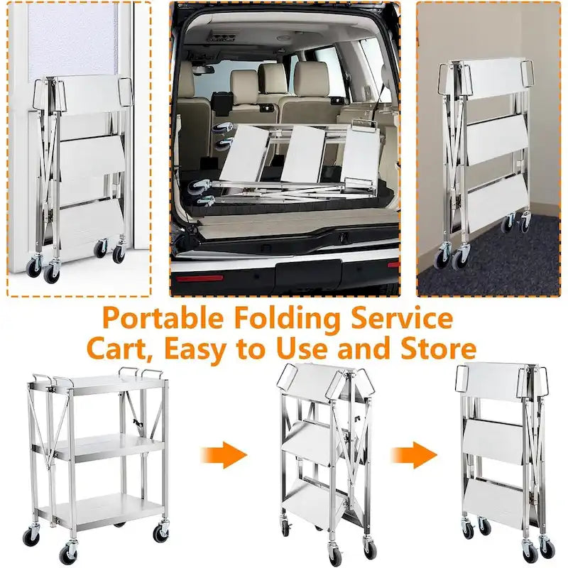 Chariot de service utilitaire pliable à 3 niveaux avec roues et roulettes verrouillables