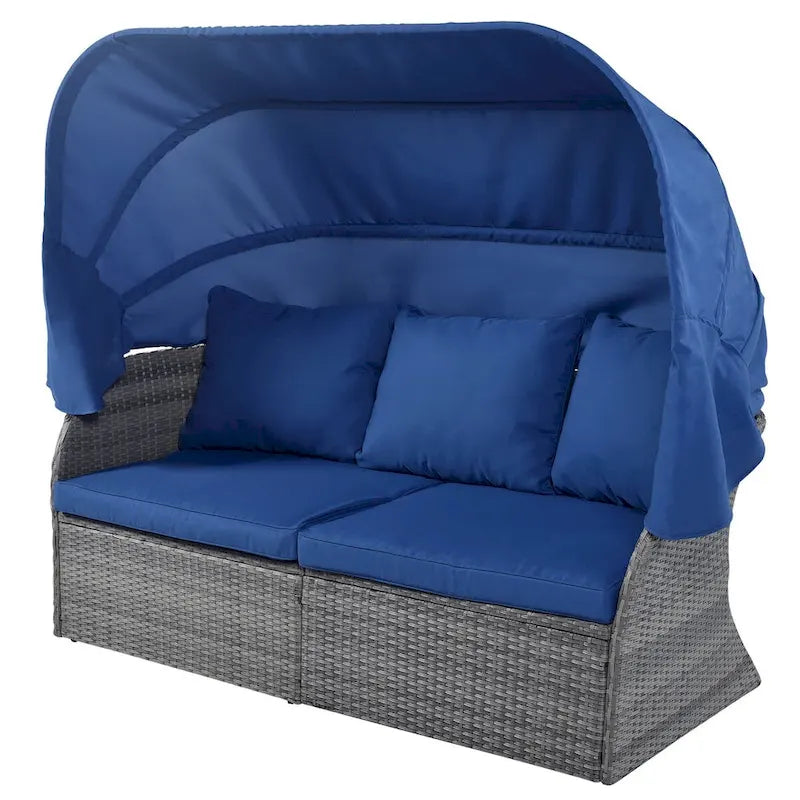 Outdoor Gray Wicker Daybed with Cushions and Retractable Canopy