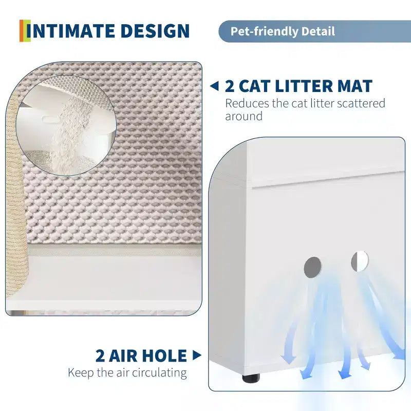 Litter Box Enclosure with Double Room, Hidden Enclosed Litterbox Furniture with Scratch Posts and Double-Layer Litter Mats Indoor Pet House