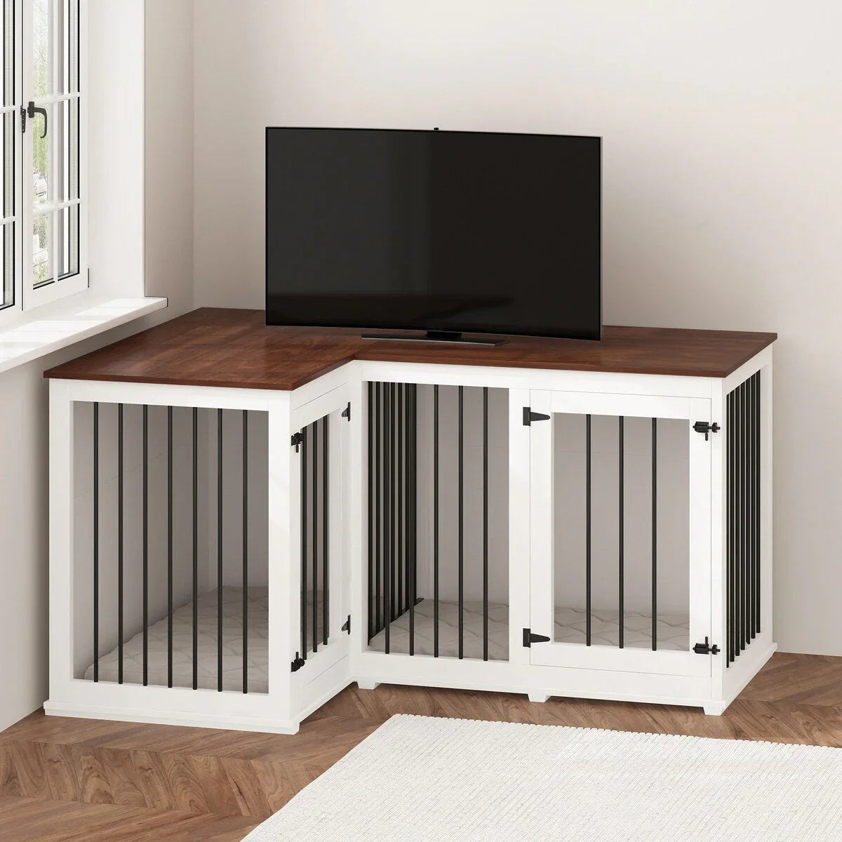 Large Corner Dog Crate Furniture for 2 Dogs, L Shape Dog Crate Cage - 58.7X41.1
