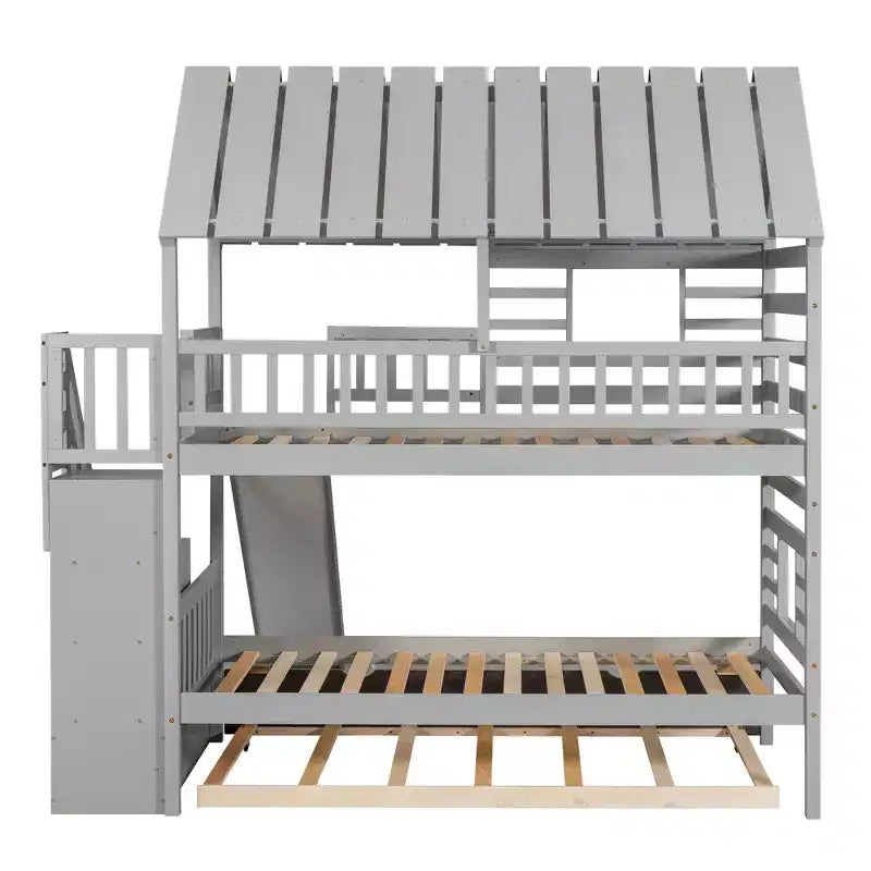 Whisen Twin over Twin House Bunk Bed with Trundle and Slide, Storage Staircase, Roof and Window Design