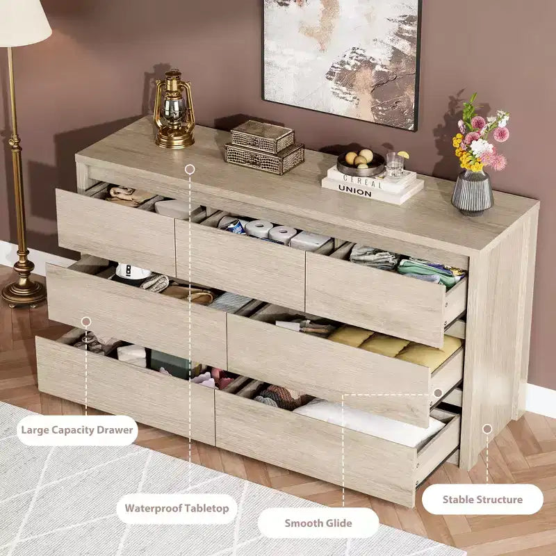 Wide Modern 7-Drawer Dresser for Bedroom, Large Wooden Chest of Drawers with Storage Organizer for Living Room, Hallway & Entryway