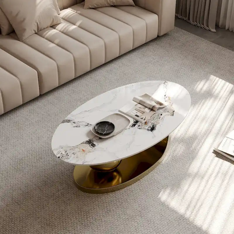 51 Modern Pandora Oval Coffee Table with Glossy Sintered stone top, Luxury Coffee Table, Stainless Steel Legs for Livingroom