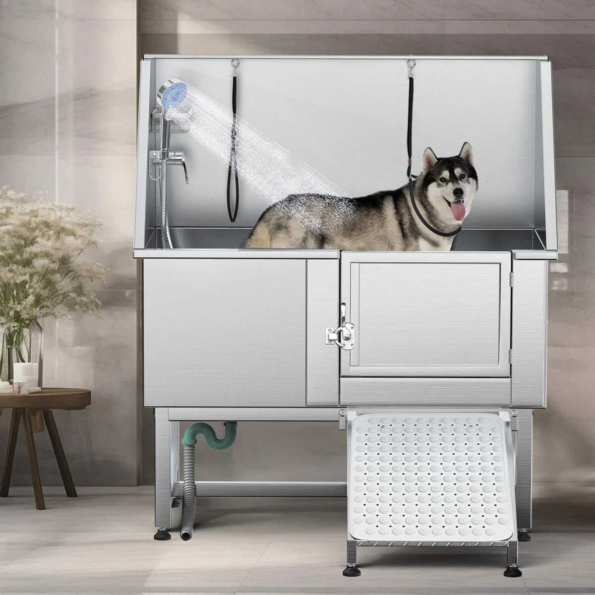 50 W Stainless Steel Adjustable Pet Grooming Tub with Steps Ramp