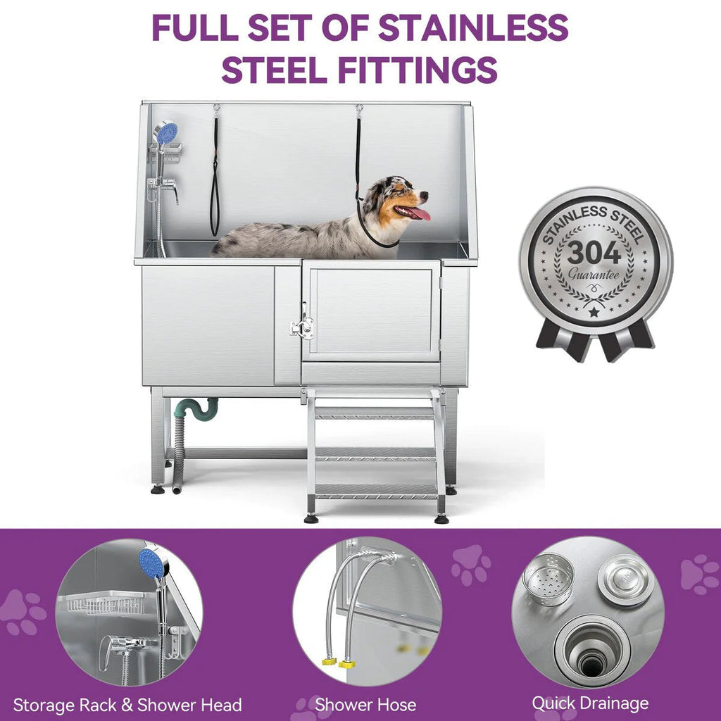 50 W Stainless Steel Adjustable Pet Grooming Tub with Steps Ramp
