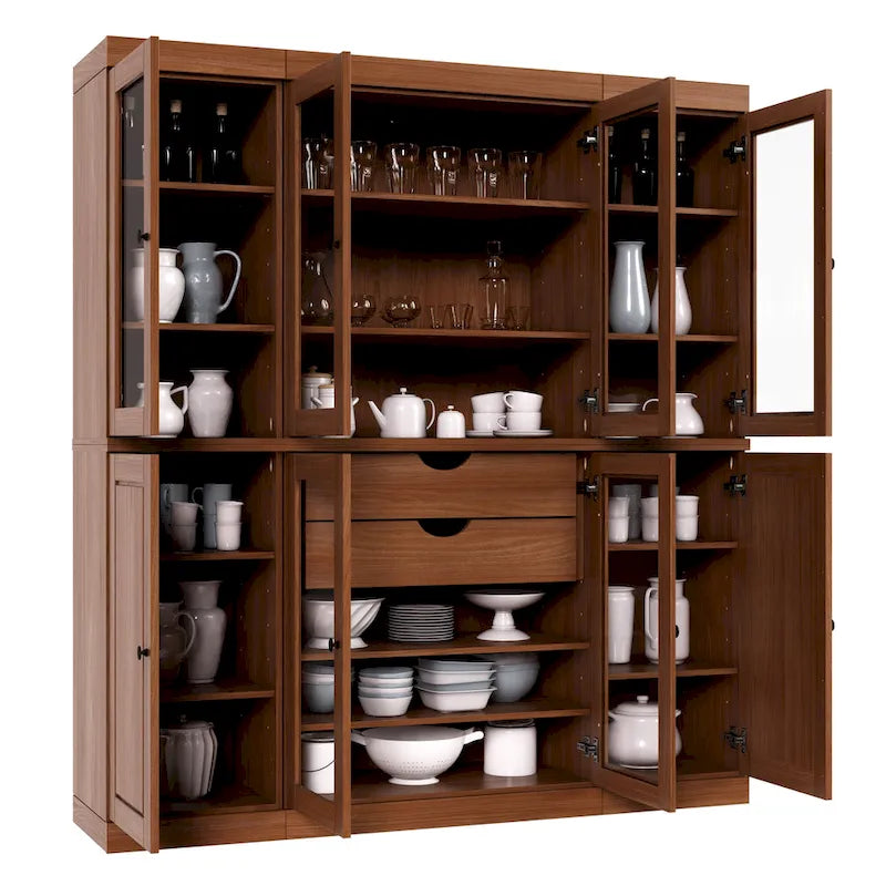 100% Solid Wood Kitchen China Pantry Buffet with Glass or Solid Wood Doors and 2-Drawer Kit 65 x 71.5
