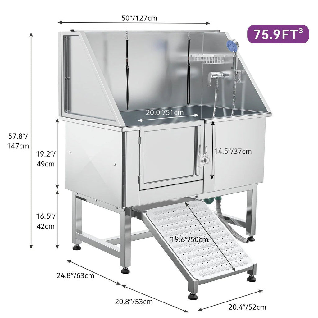 50 W Stainless Steel Adjustable Pet Grooming Tub with Steps Ramp