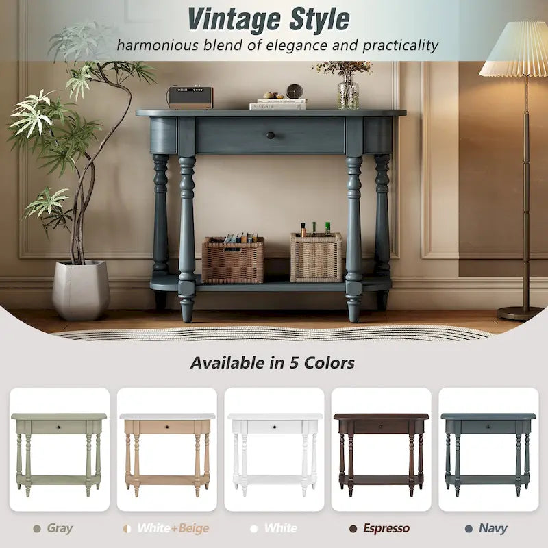 Retro Narrow Console Table with Curved Corner, Top Drawer & Open Shelf