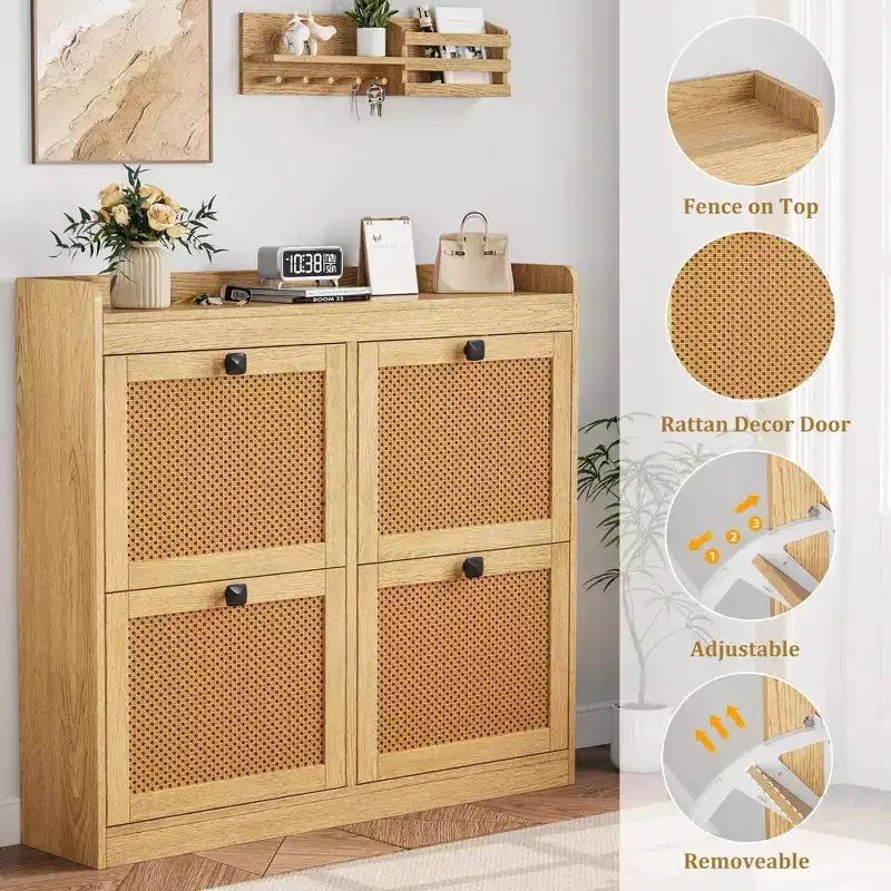 Shoe Storage Cabinet with 4 Flip Drawers, Wood Shoe Cabinet with Rattan Doors and Adjustable Shelves- Freestanding Shoe Organizer